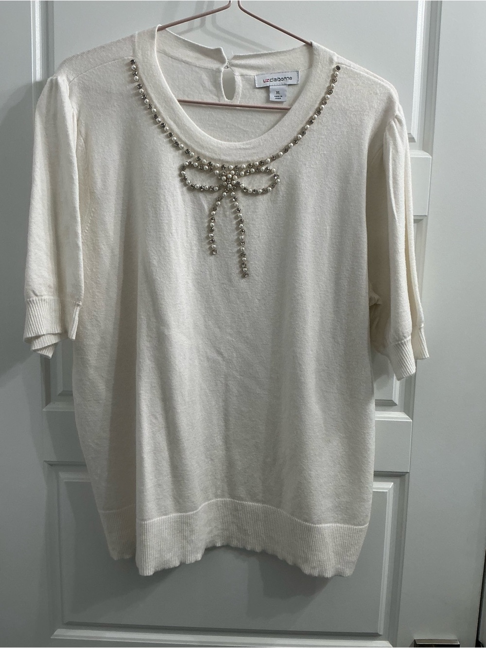 Liz Claiborne Cream Short-Sleeve Pearl Bow Sweater Top